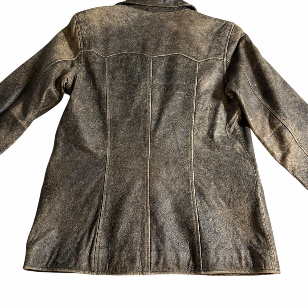 QUE Faux Leather Blazer Jacket – Vintage Distressed Bronze Paisley - Medium - Picture 8 of 11